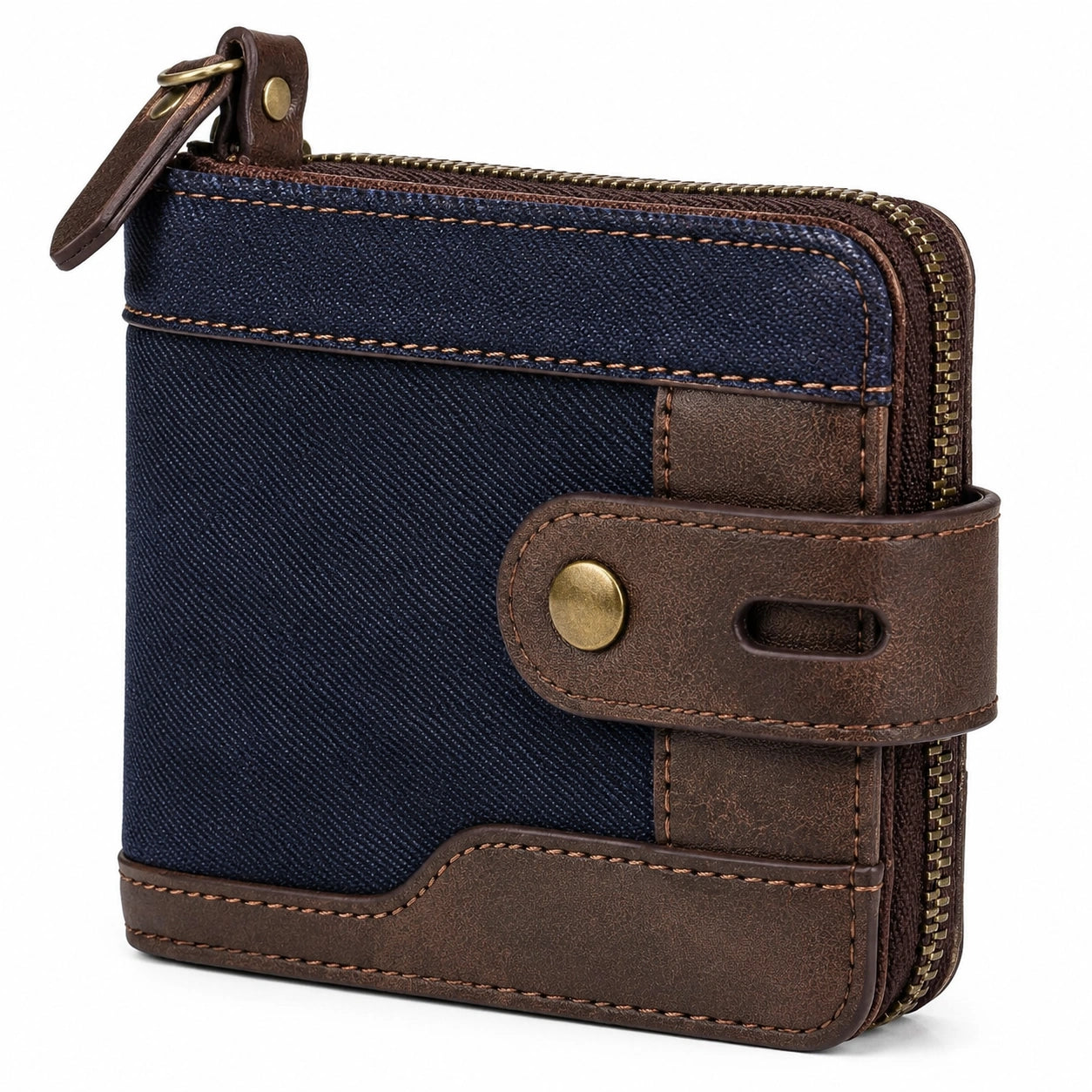 Geldbörse 12 x 3 x 10 cm aus Denim und Kunstleder in Blau Braun mit Reißverschluss