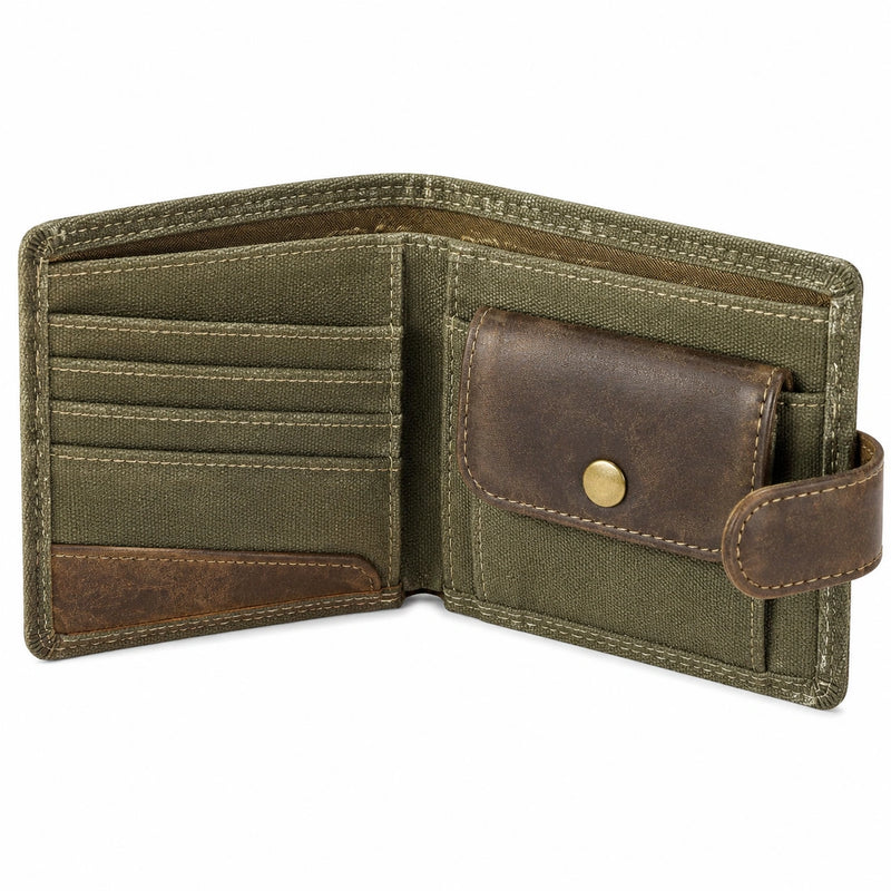Herren Geldbörse 12 x 9 x 2 cm aus Textil in Olivgrün Braun mit Kartenfächern und Druckknopfverschluss