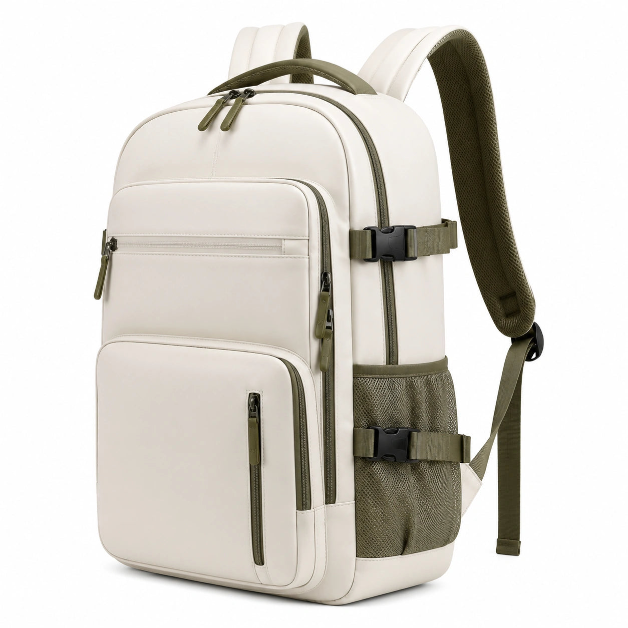 Rucksack 30 x 18 x 45 cm aus Kunstleder in Cremeweiß Olivgrün mit Mehrfachfächern