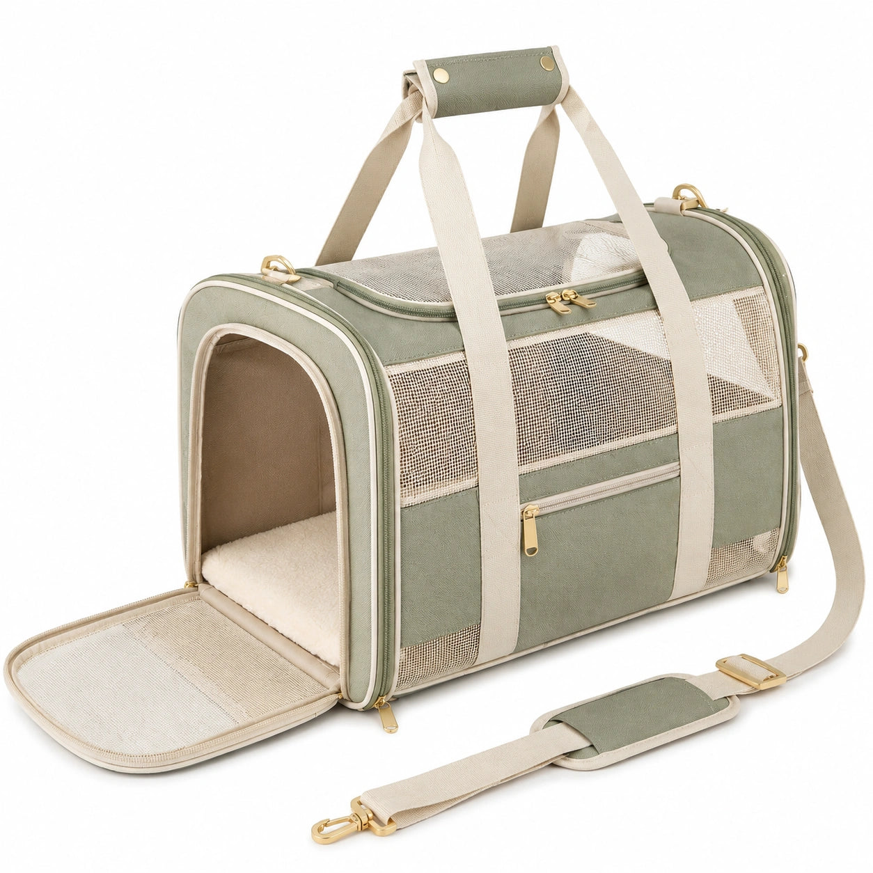 Haustier-Transporttasche 45 x 28 x 30 cm Textil und Mesh Grün Beige Tragbar