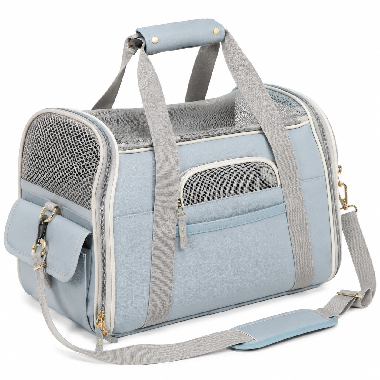 Haustier-Transporttasche 45 x 28 x 30 cm aus Textilgewebe in Hellblau mit Netzfenstern und Schultergurt